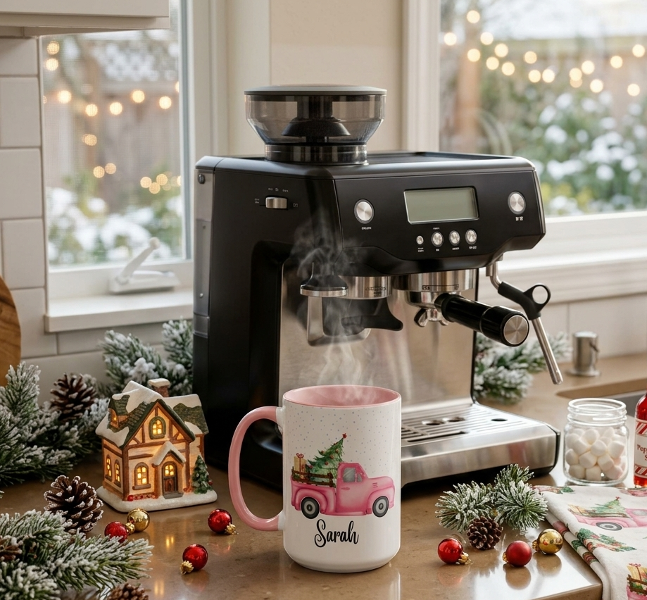 Personalized pink Christmas truck mug with custom name Sarah, featuring a vintage pink pickup carrying a Christmas tree and gifts in a snowy holiday scene.