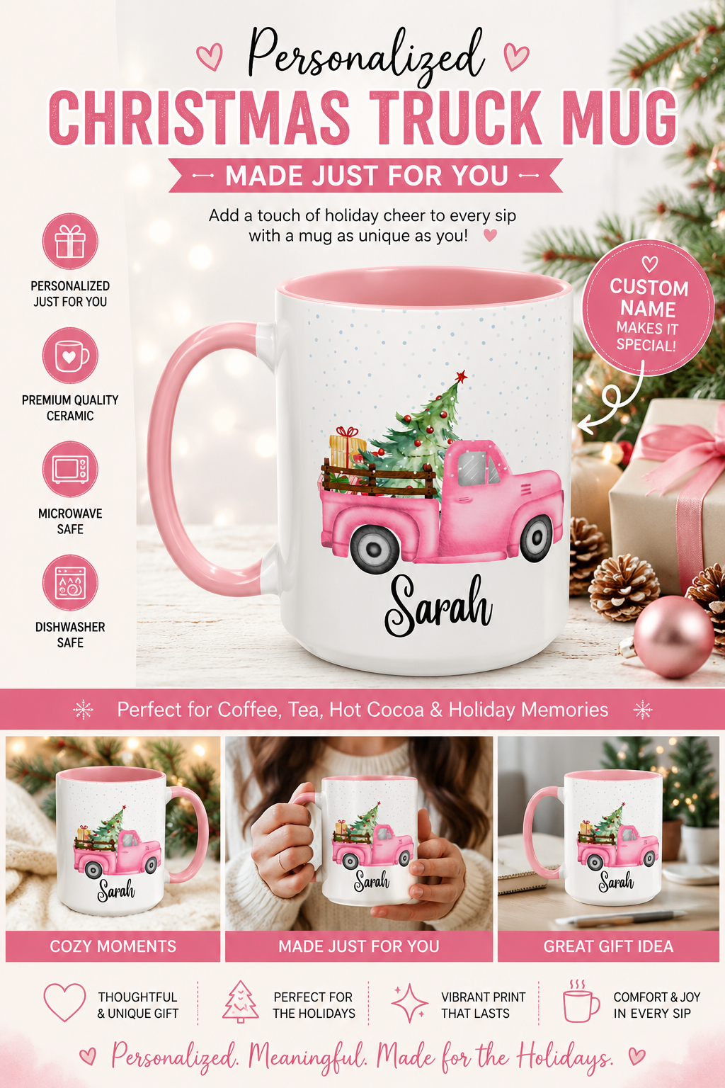 Personalized Pink Christmas Truck Mug – Custom Name Holiday Coffee Mug
