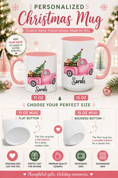Personalized Pink Christmas Truck Mug – Custom Name Holiday Coffee Mug