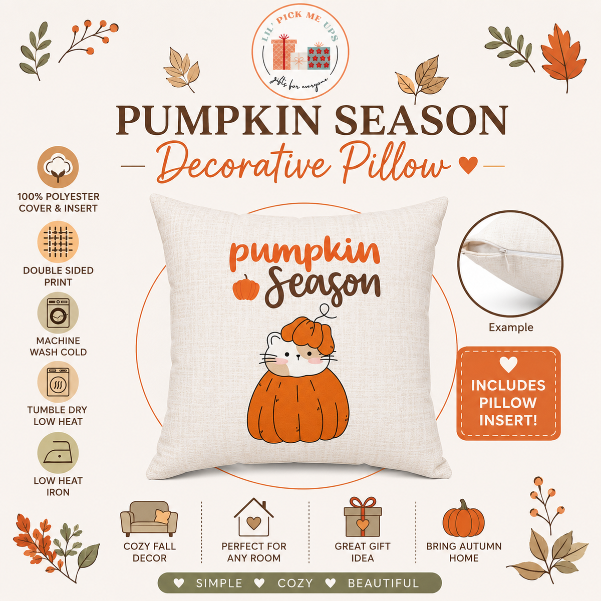 Pumpkin Season Cute Cat in Pumpkin Decorative Pillow