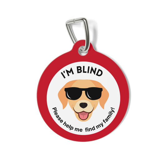 Red personalized Blind Dog medical pet ID tag featuring a cartoon dog with sunglasses on the front and custom emergency contact information on the back.