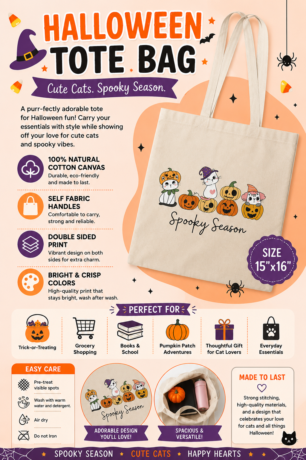 Cute Cats Halloween Tote Bag | Spooky Season Canvas Tote for Cat Lovers