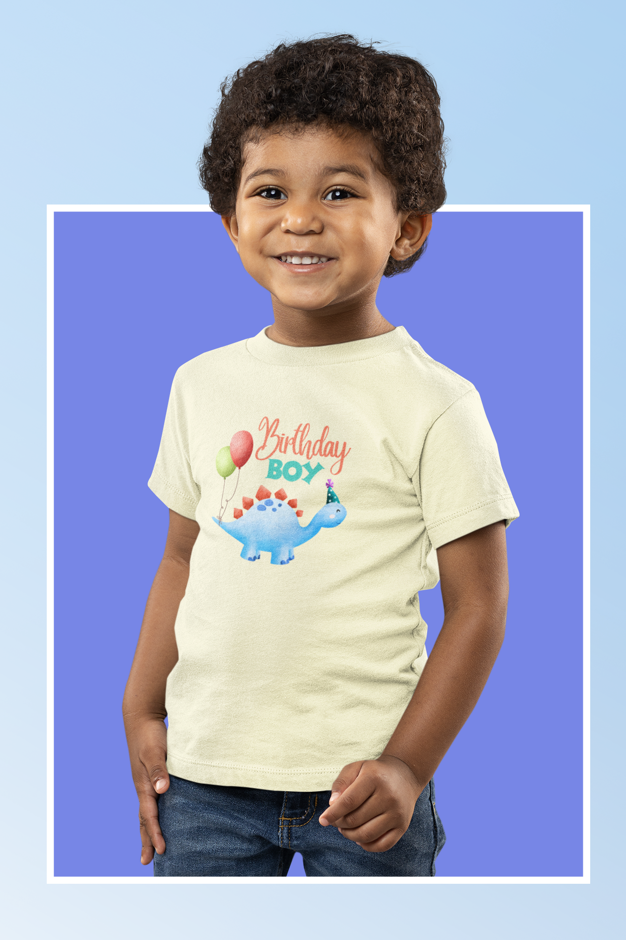 Toddler wearing Birthday Boy dinosaur t-shirt for birthday party celebration