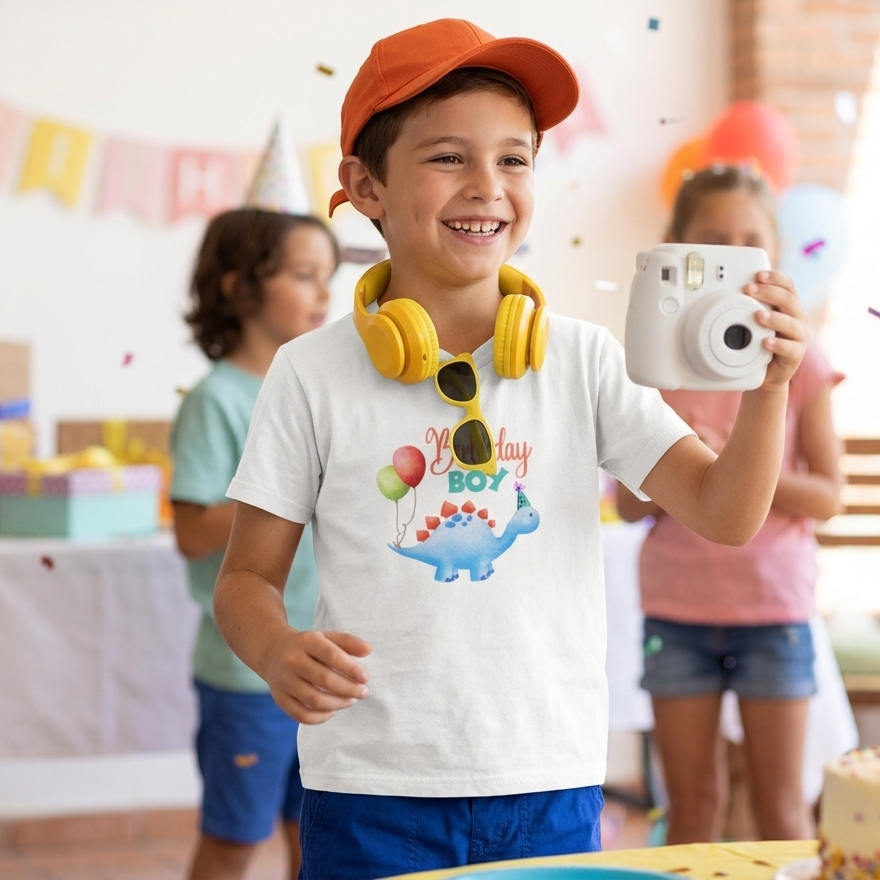 Toddler wearing Birthday Boy dinosaur t-shirt for birthday party celebration