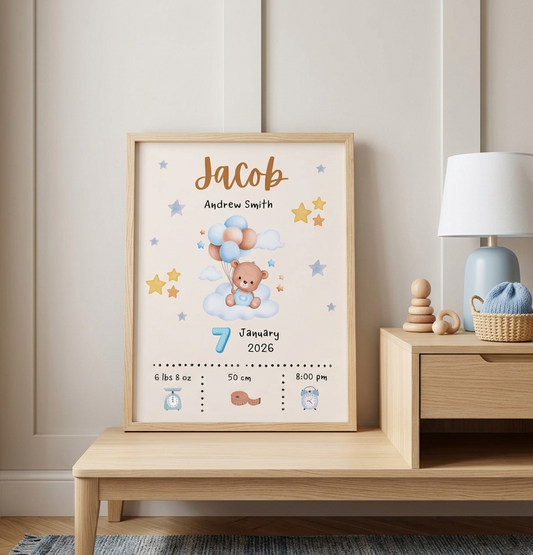 Personalized Baby Birth Stats Poster – BLUE Teddy Bear Nursery Print