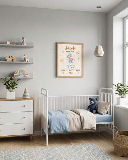 Personalized Baby Birth Stats Poster – BLUE Teddy Bear Nursery Print