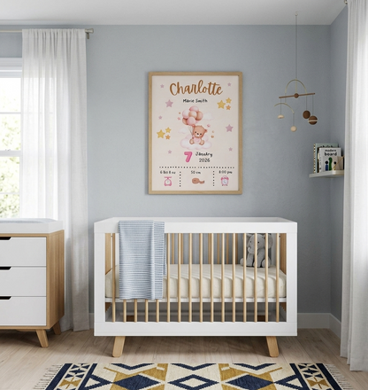 Personalized Baby Birth Stats Poster – PINK Teddy Bear Nursery Print