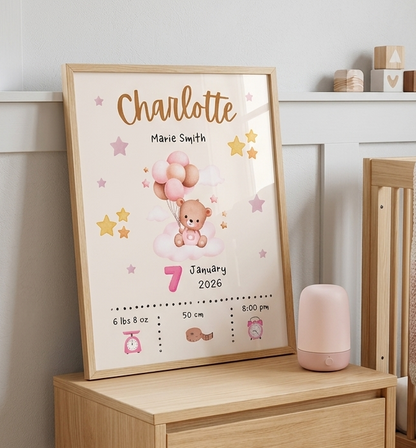 Personalized baby birth stats poster with teddy bear holding pink balloons, customized with baby name, birth date, weight, height, and birth time in pastel nursery decor style.