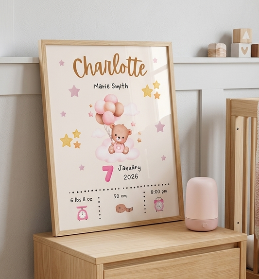 Personalized baby birth stats poster with teddy bear holding pink balloons, customized with baby name, birth date, weight, height, and birth time in pastel nursery decor style.