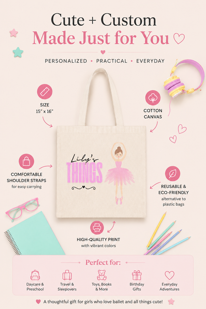 Personalized Ballerina Tote Bag for Girls – Custom Dance Class Canvas Bag for Kids