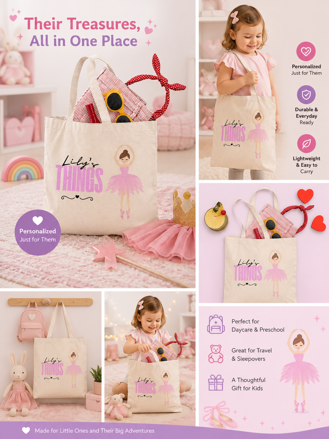 Personalized Ballerina Tote Bag for Girls – Custom Dance Class Canvas Bag for Kids