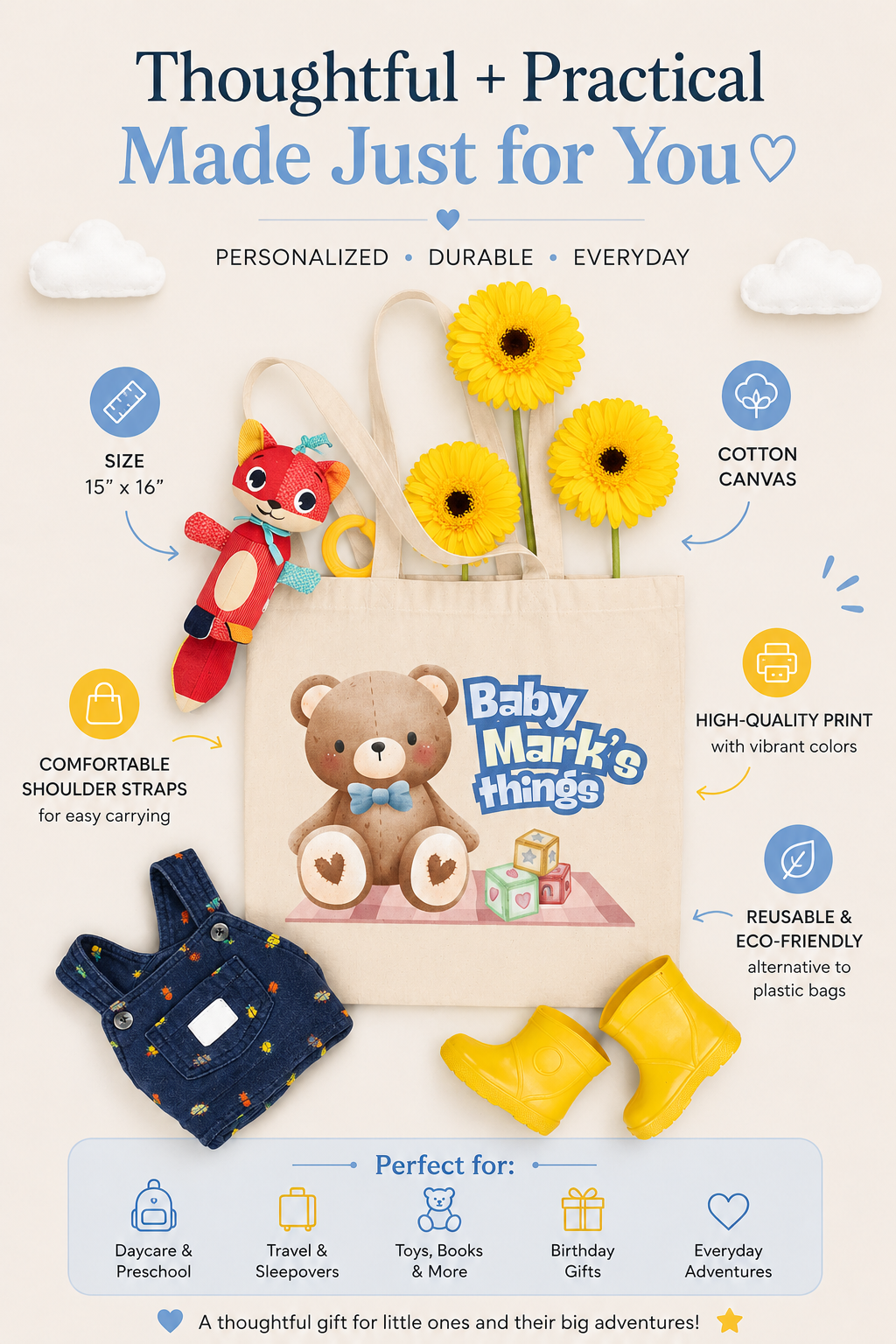 Personalized Blue Teddy Bear Tote Bag for Kids & Babies | Custom Kids Gift Bag