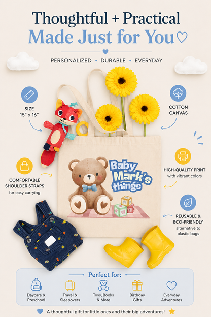 Personalized Blue Teddy Bear Tote Bag for Kids & Babies | Custom Kids Gift Bag