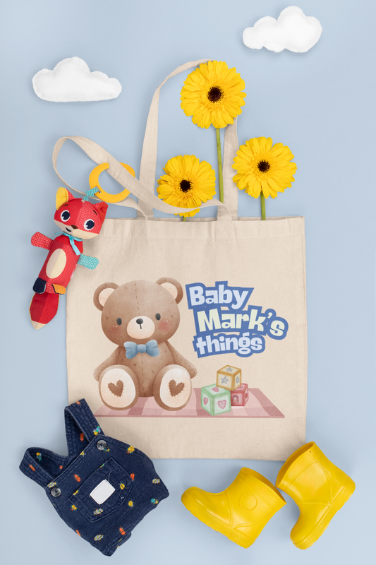 Personalized blue teddy bear tote bag for kids and babies with custom name design