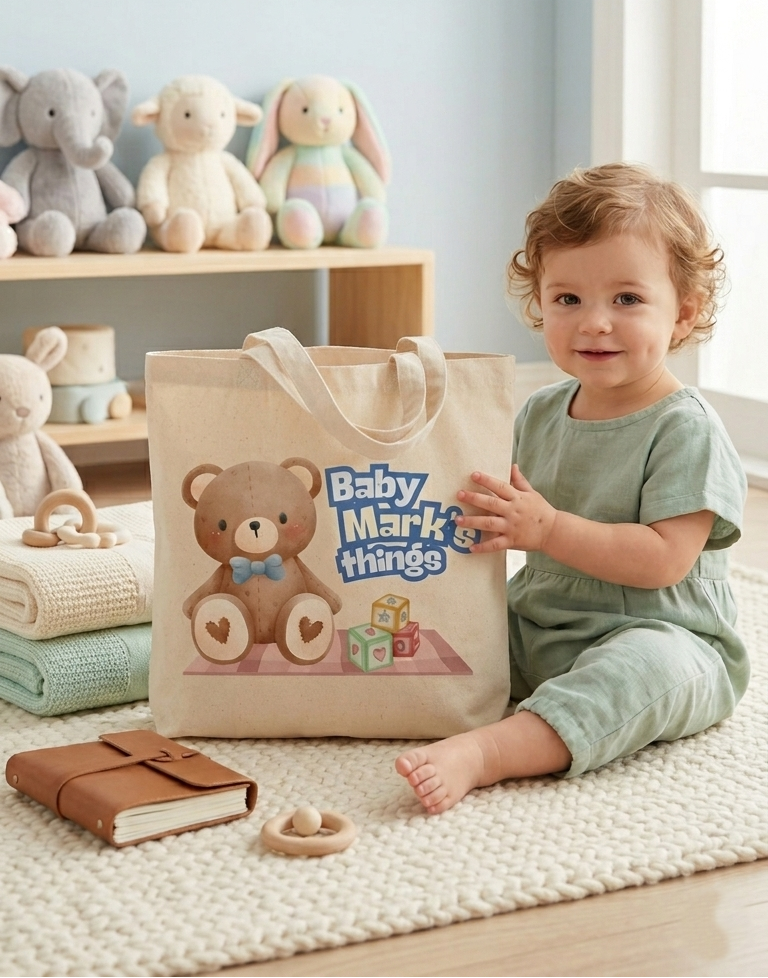 Personalized Blue Teddy Bear Tote Bag for Kids & Babies
