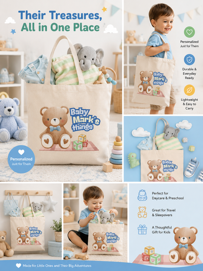 Personalized Blue Teddy Bear Tote Bag for Kids & Babies | Custom Kids Gift Bag