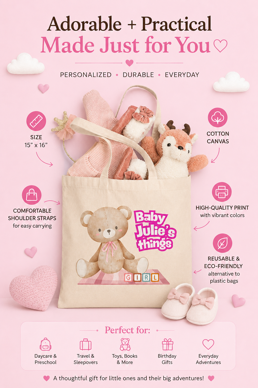 Personalized Pink Teddy Bear Tote Bag for Kids & Babies | Custom Kids Gift Bag