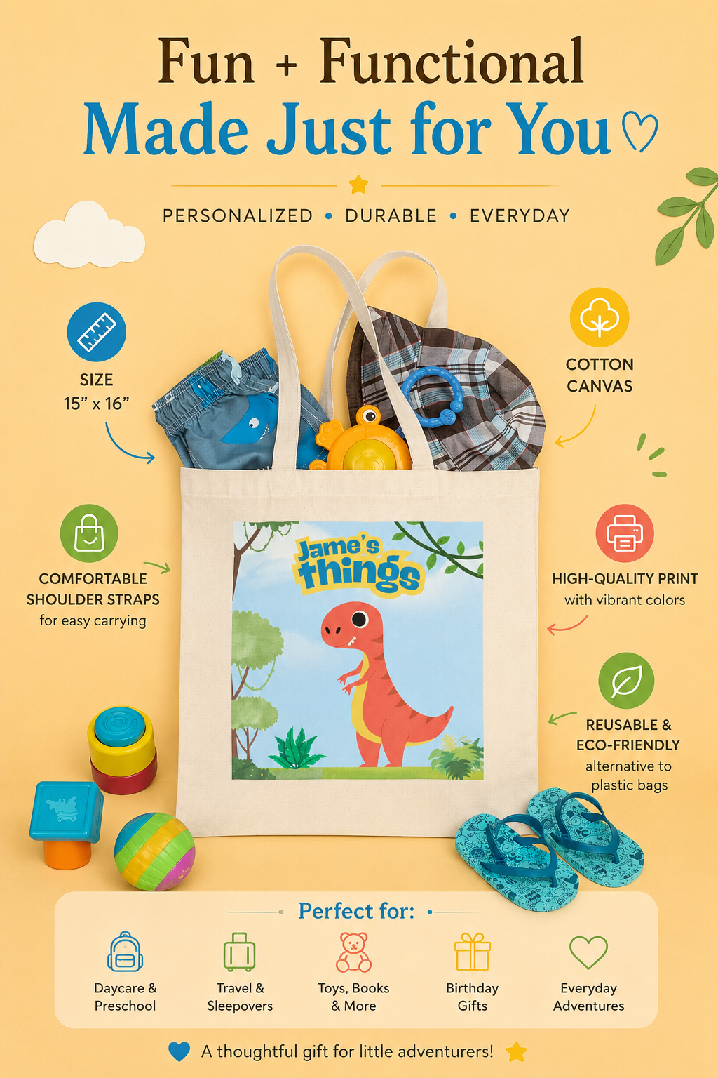 Personalized dinosaur tote bag for kids with custom name design on reusable cotton canvas tote
