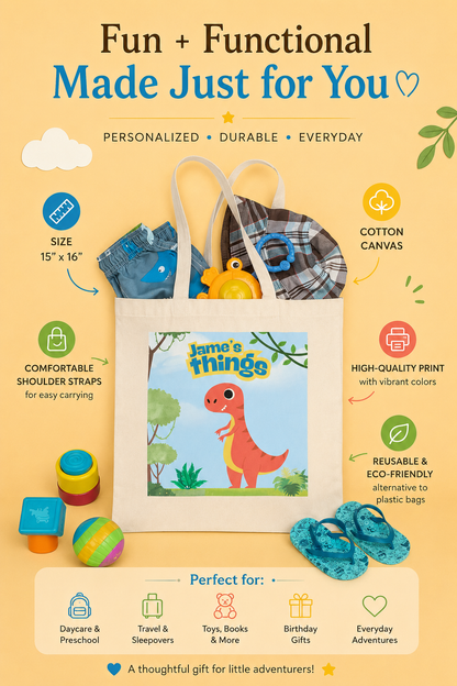 Personalized dinosaur tote bag for kids with custom name design on reusable cotton canvas tote