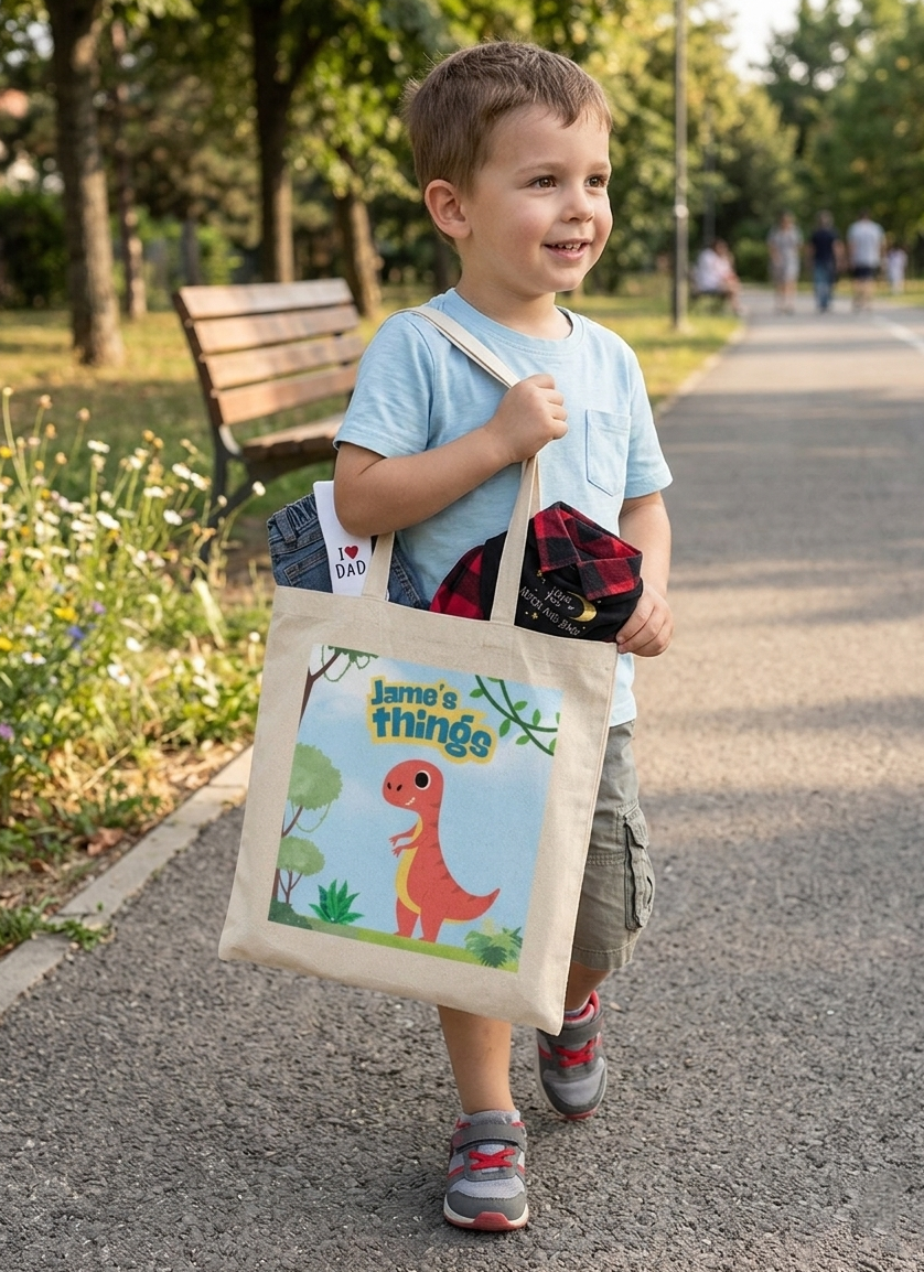 Personalized dinosaur tote bag for kids with custom name design on reusable cotton canvas tote