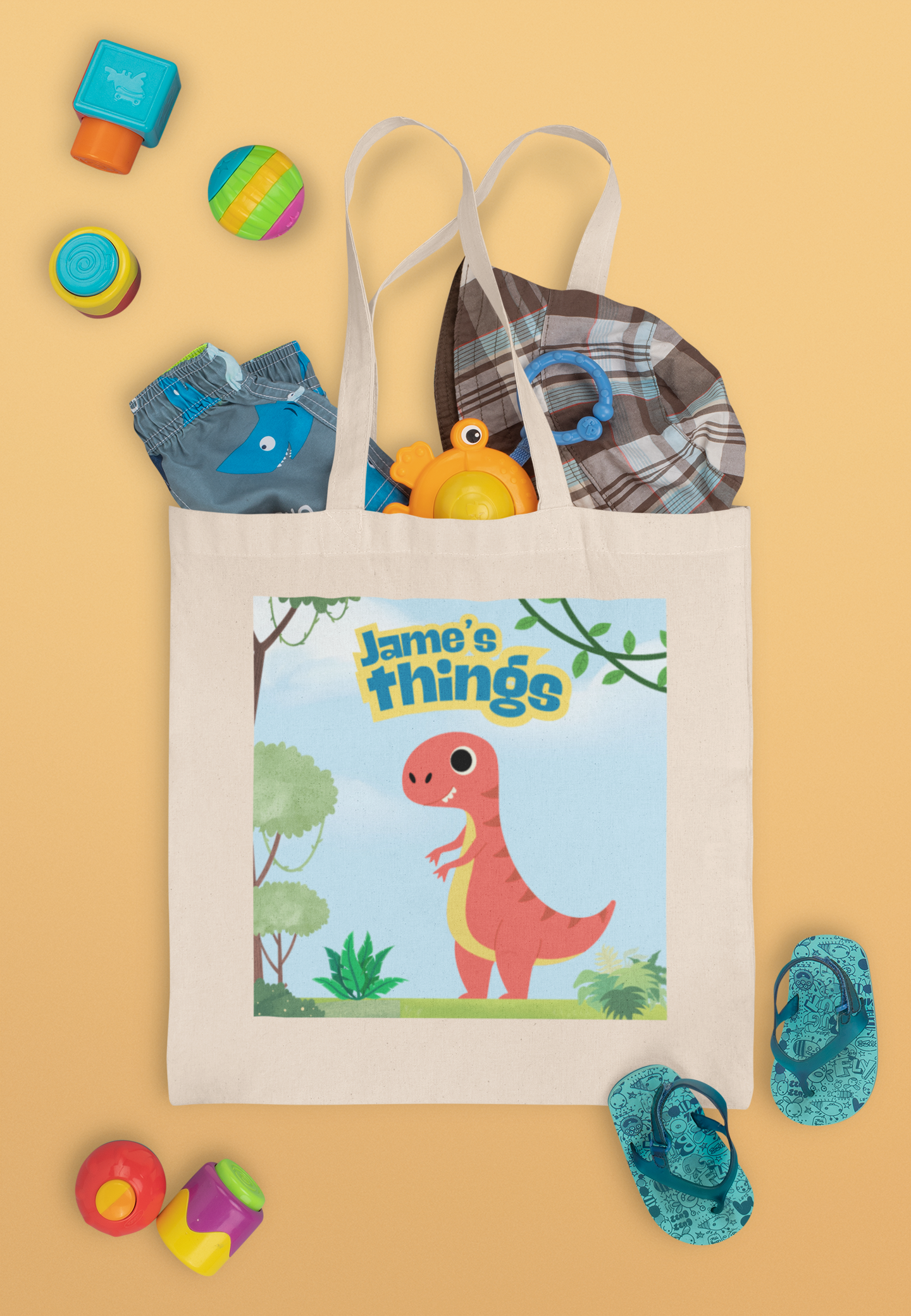 Personalized dinosaur tote bag for kids with custom name design on reusable cotton canvas tote
