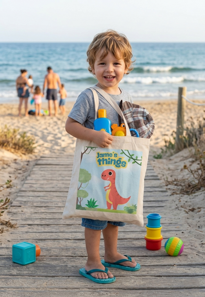 Personalized dinosaur tote bag for kids with custom name design on reusable cotton canvas tote