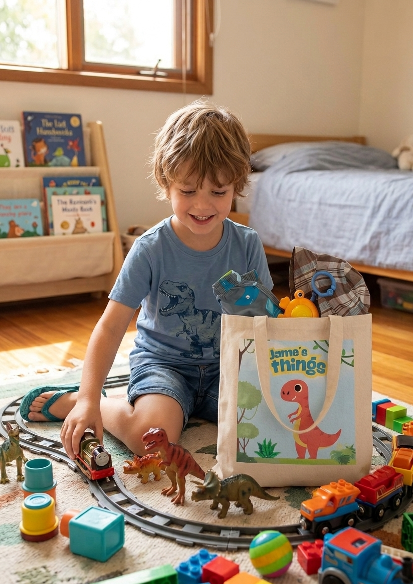 Personalized dinosaur tote bag for kids with custom name design on reusable cotton canvas tote