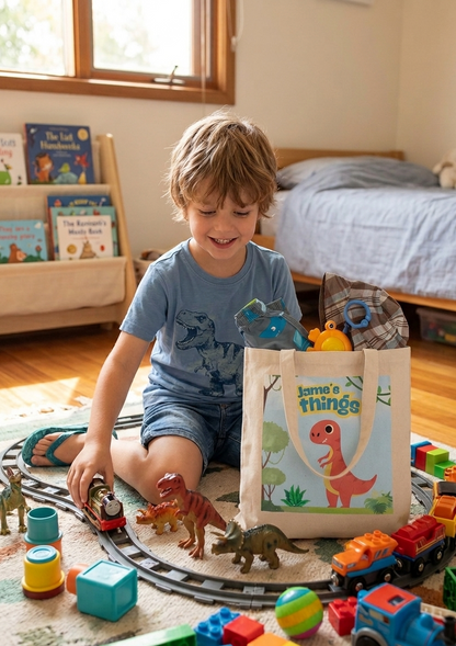 Personalized dinosaur tote bag for kids with custom name design on reusable cotton canvas tote