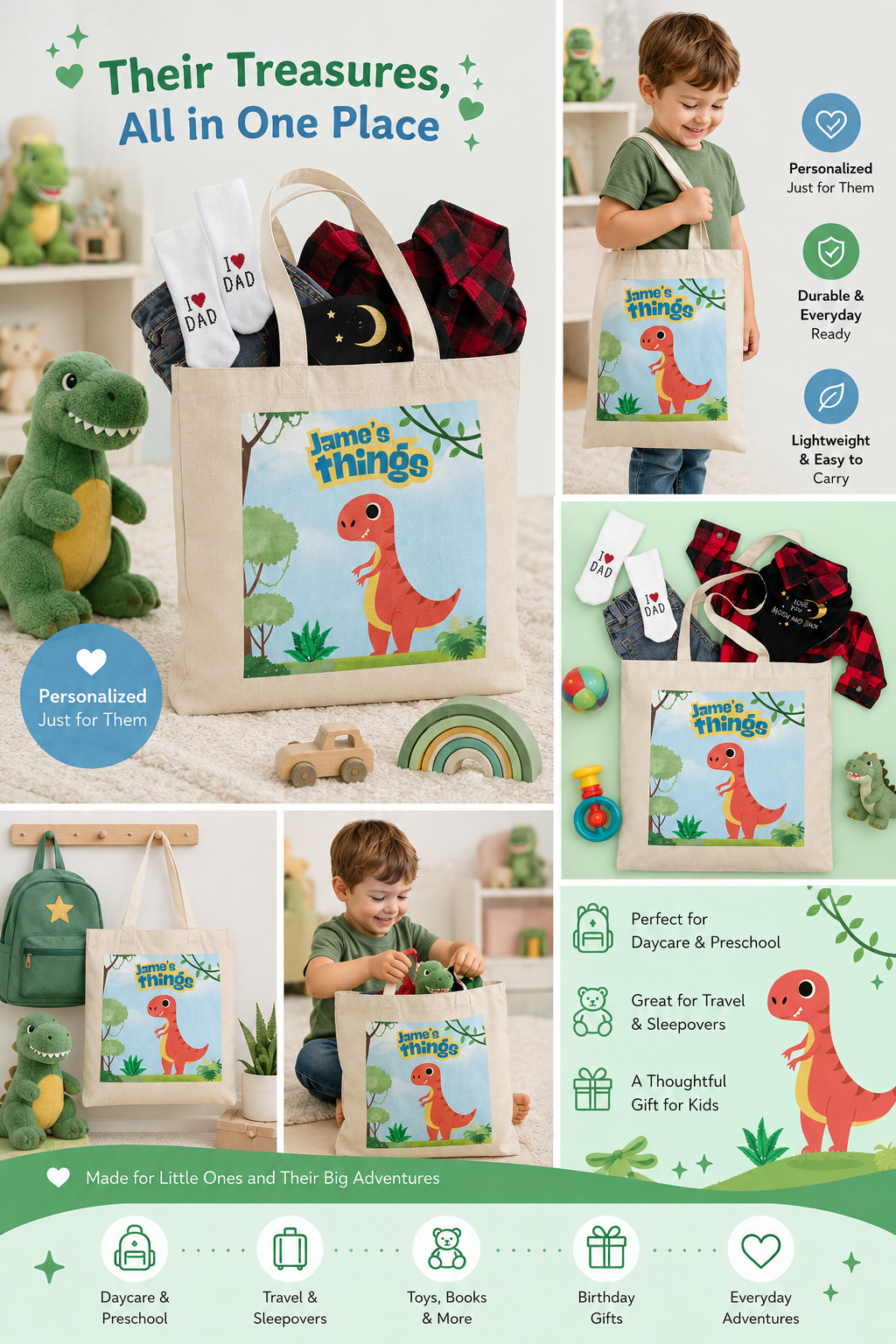 Personalized dinosaur tote bag for kids with custom name design on reusable cotton canvas tote