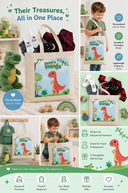 Personalized dinosaur tote bag for kids with custom name design on reusable cotton canvas tote