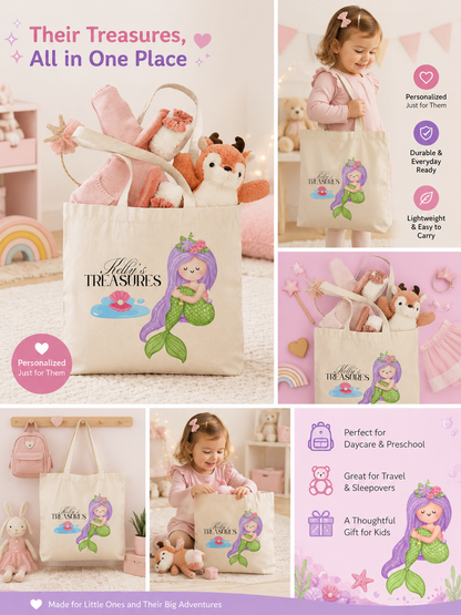 Personalized mermaid tote bag for girls with custom name design on cotton canvas bag