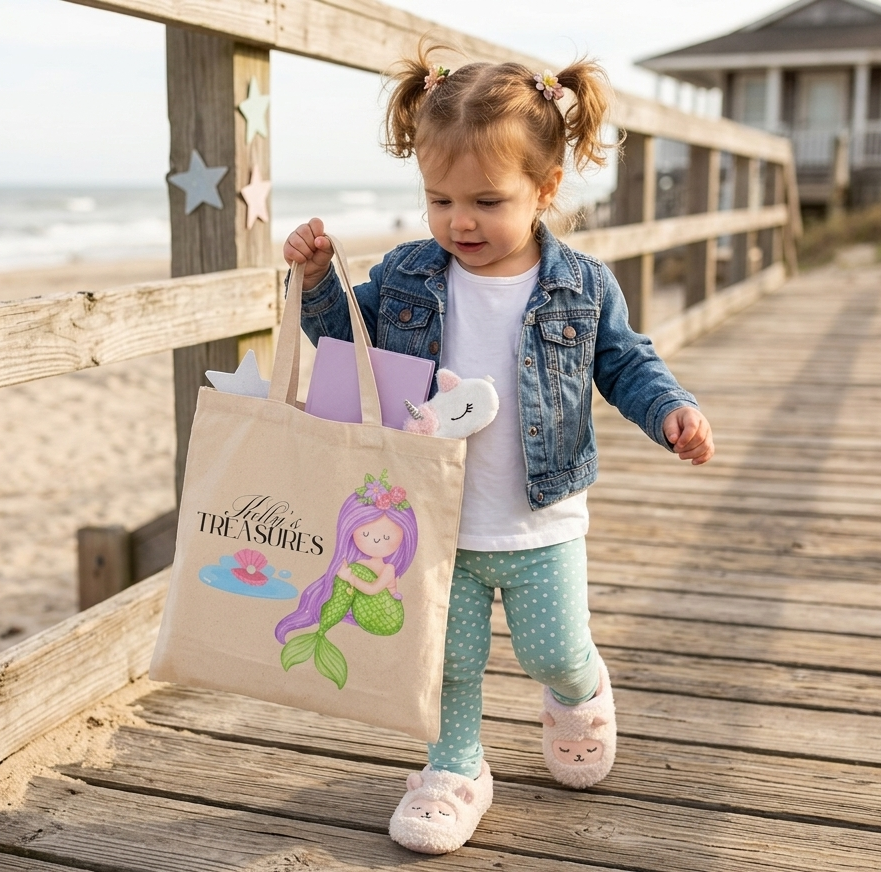 Personalized mermaid tote bag for girls with custom name design on cotton canvas bag