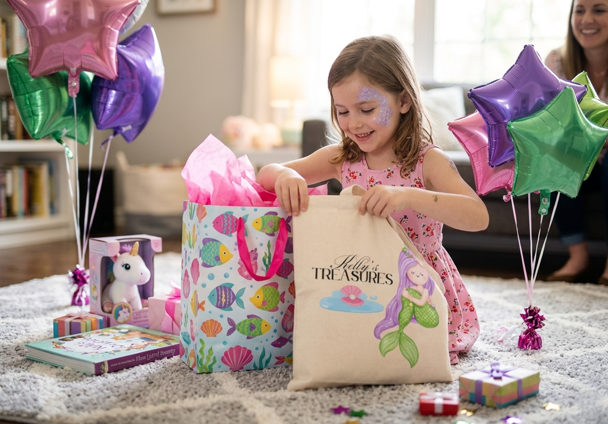 Personalized mermaid tote bag for girls with custom name design on cotton canvas bag