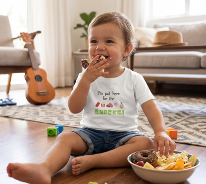 Funny snack lover toddler t-shirt with colorful popcorn, donut, cupcake, and candy graphics displayed with denim shorts, flip flops, straw hat, and ukulele on a green background.