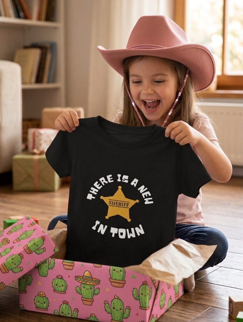 A young girl in a pink cowboy hat sits on the floor, smiling as she holds up a black t-shirt that says "THERE IS A NEW SHERIFF IN TOWN." The shirt came from an open gift box covered in pink cactus-print wrapping paper. The background is a cozy, sunlit living room.