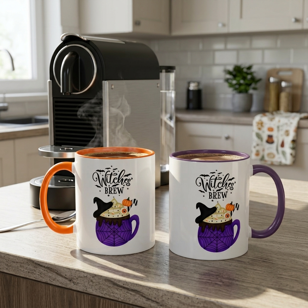 White ceramic Halloween accent mug featuring a "Witches Brew" design with a witch hat, cupcake, pumpkin, and spiderweb illustration. Available in orange or purple accent colors in 11oz flat-bottom and 15oz rounded-bottom sizes.