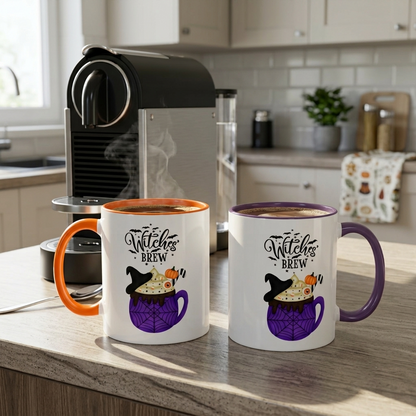 White ceramic Halloween accent mug featuring a "Witches Brew" design with a witch hat, cupcake, pumpkin, and spiderweb illustration. Available in orange or purple accent colors in 11oz flat-bottom and 15oz rounded-bottom sizes.
