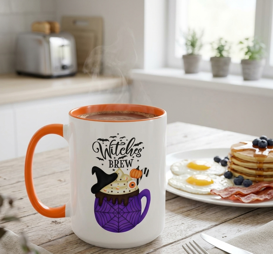White ceramic Halloween accent mug featuring a "Witches Brew" design with a witch hat, cupcake, pumpkin, and spiderweb illustration. Available in orange or purple accent colors in 11oz flat-bottom and 15oz rounded-bottom sizes.