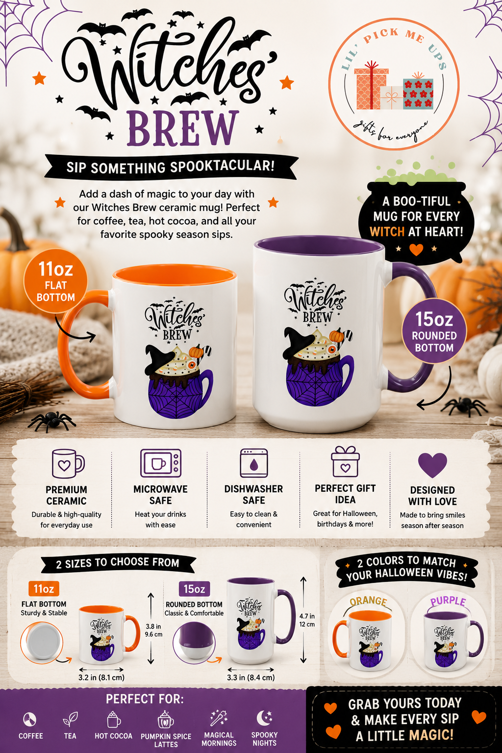 White ceramic Halloween accent mug featuring a "Witches Brew" design with a witch hat, cupcake, pumpkin, and spiderweb illustration. Available in orange or purple accent colors in 11oz flat-bottom and 15oz rounded-bottom sizes.