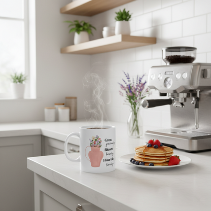 Inspirational Floral Mug — "Grow Gracefully, Bloom Boldly, Flourish Fiercely" (11oz & 15oz)